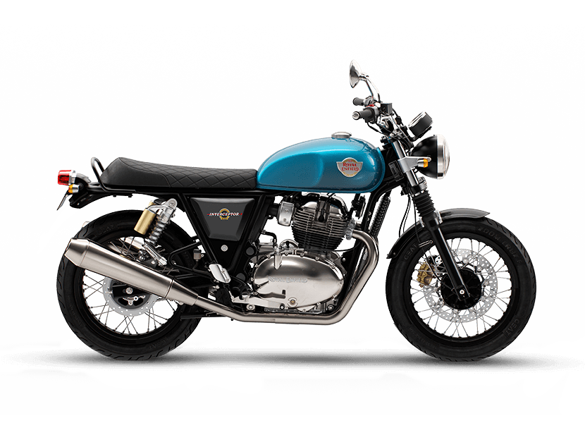 Blue Royal Enfield Interceptor 650 rental motorcycle with black accents against a white background.