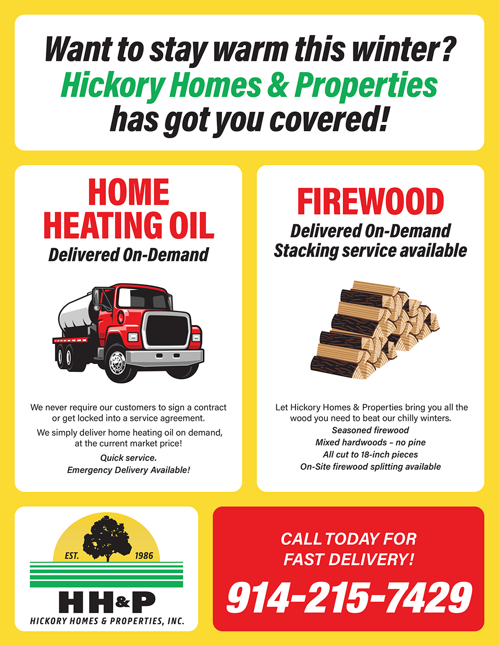 Advertisement for Hickory Homes & Properties: offering home heating oil and firewood delivery. Yellow and red background.
