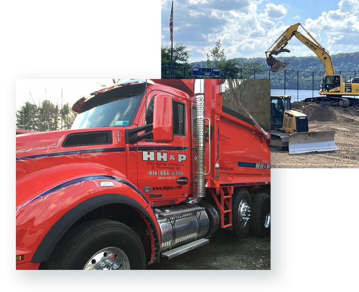 A red dump truck is parked next to a yellow excavator.