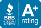 A blue sign that says bbb accredited business and a+ rating