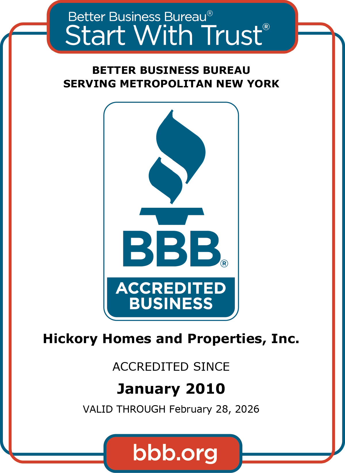 Better Business Bureau accreditation badge for Hickory Homes and Properties, Inc.