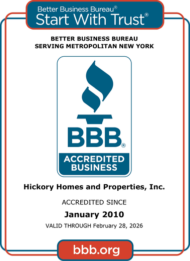 BBB accreditation badge for Hickory Homes and Properties, Inc. Accredited since January 2010, valid until February 28, 2026.