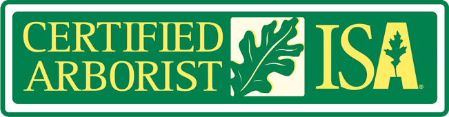 Green and yellow ISA Certified Arborist logo featuring a leaf and a rectangular border.