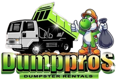 A dumpster rental logo with a cartoon character holding a bag