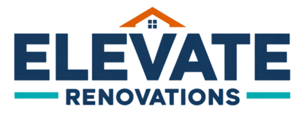 Elevate Renovations logo: navy text with orange roof and teal line accents.
