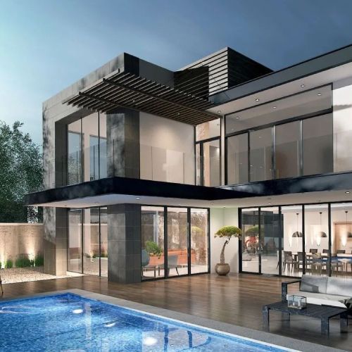 A large house with a swimming pool in front of it