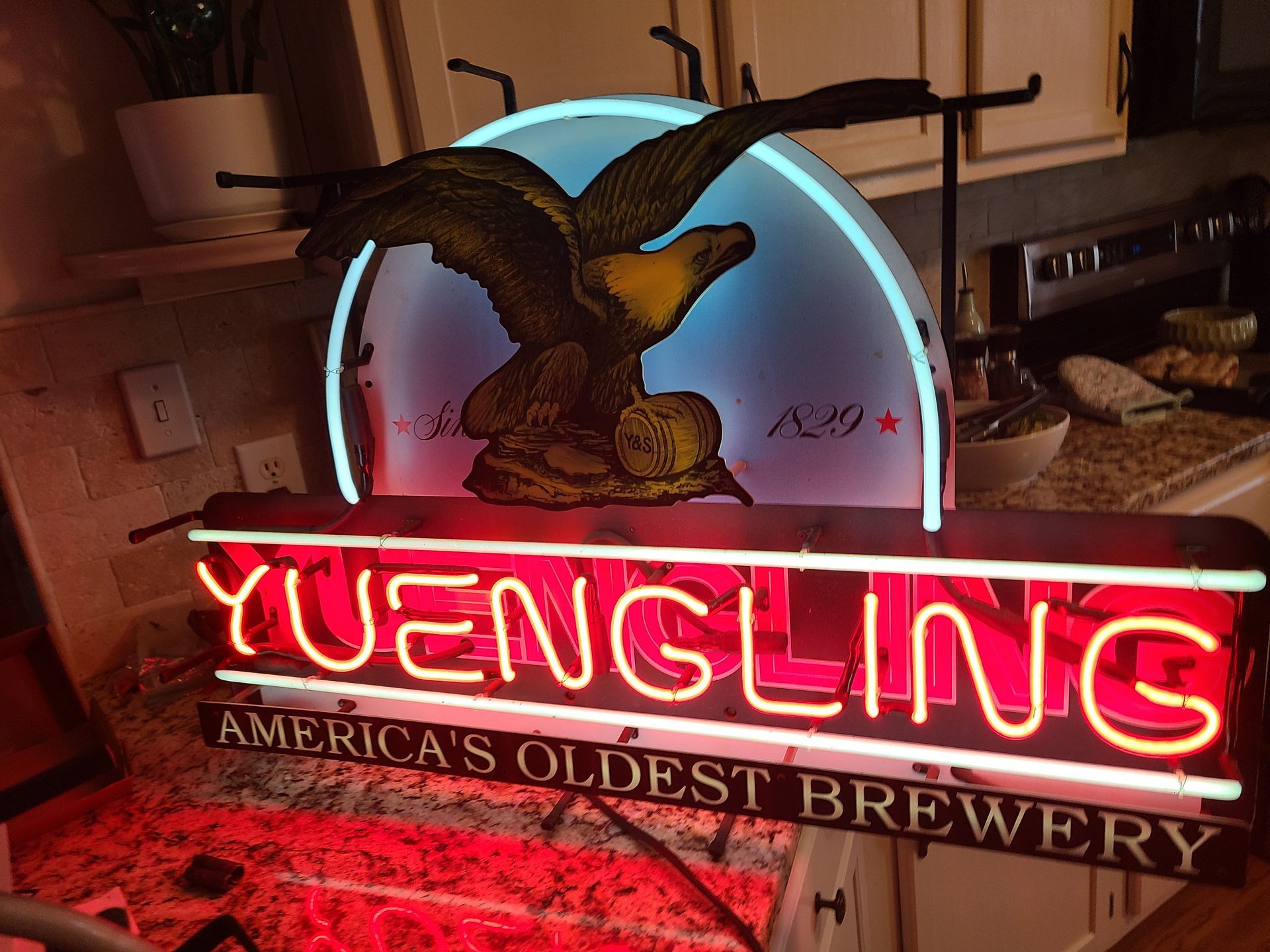 Neon Yuengling beer sign with red and white text and eagle image. 