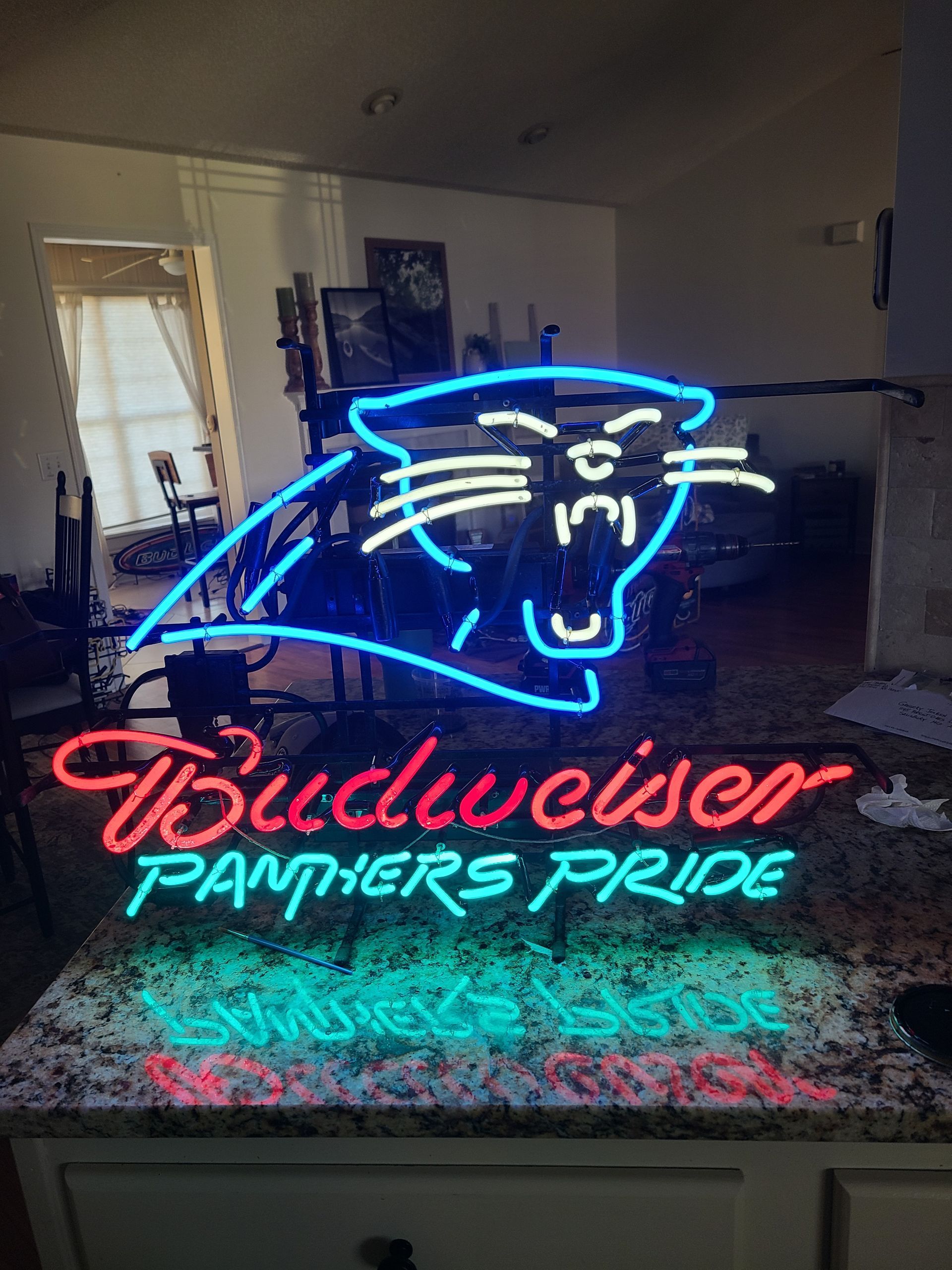 Neon sign: Carolina Panthers logo with 