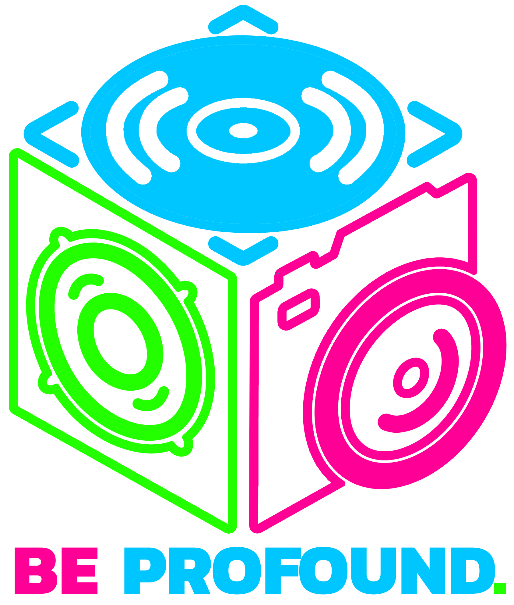 A cube with a camera, speaker, and disc illustration in blue, green, and pink.