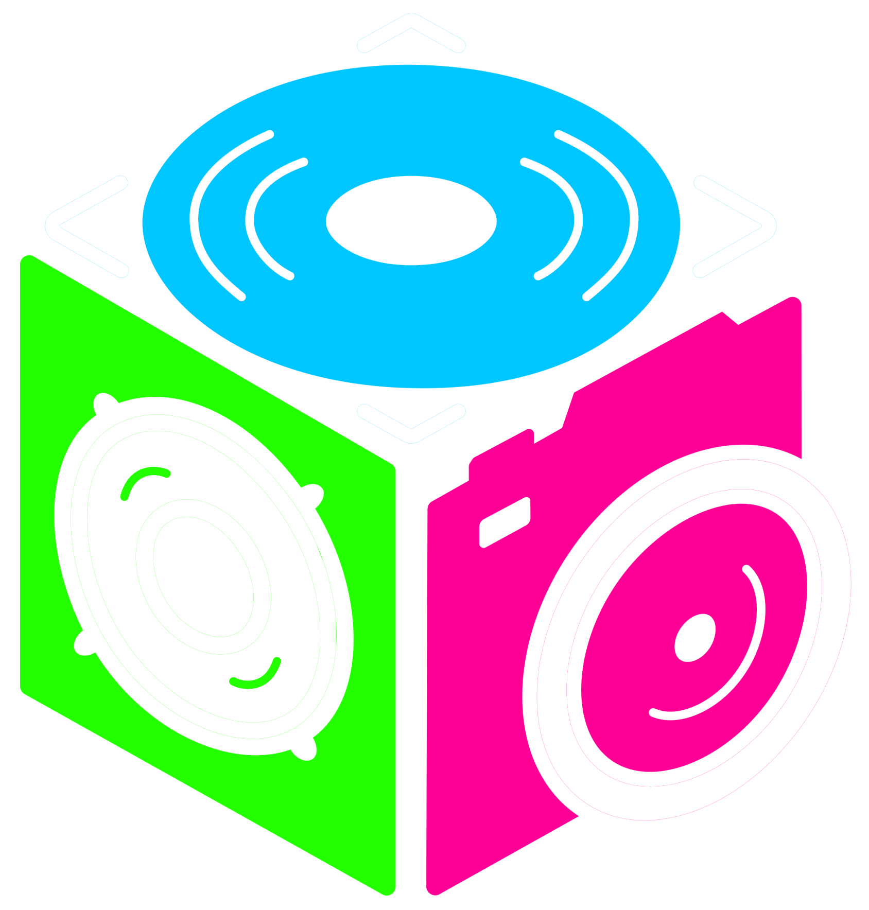 Colorful cube with speaker, camera, and audio disc icons.