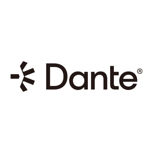 Logo of Dante audio network; black text and graphic on white background.