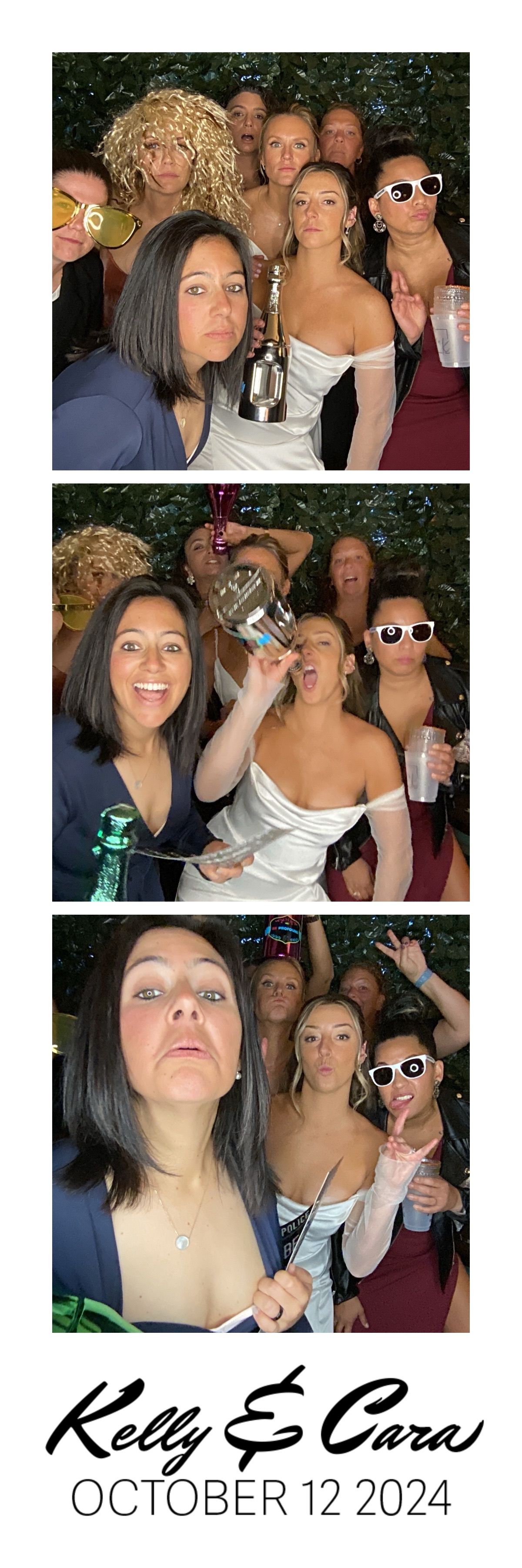 Photo booth strip of a group of people at an event. They are smiling, with drinks, and some wearing sunglasses.