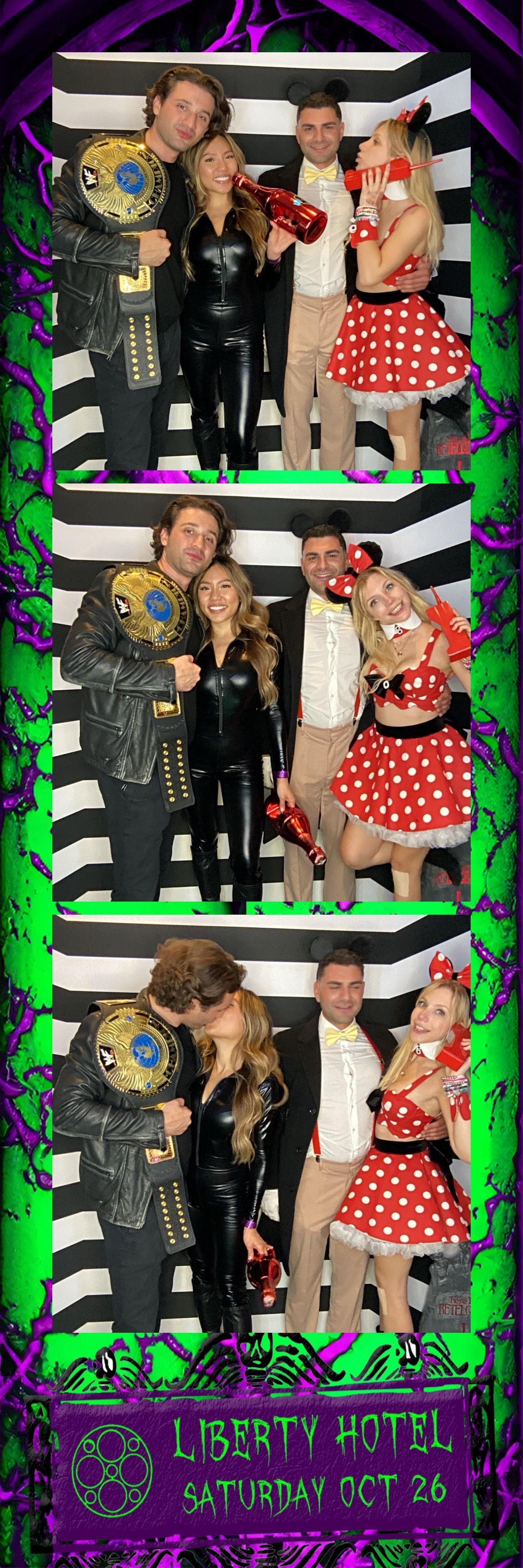 Photo booth strip: four people posing