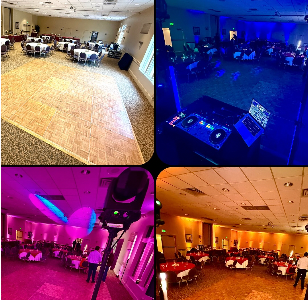 Four views of a ballroom with tables. Shows room set up and lit with different colors for events.