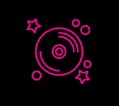Pink outline of a CD with stars and circles on a black background.