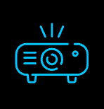 Blue outline of a projector emitting light on a black background.