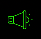 Green megaphone icon on black background.