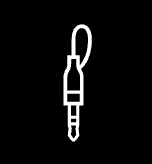White outline icon of a headphone jack with a short, looped cable, against a black background.