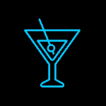 Blue outline of a martini glass with a drink and olive against a black background.