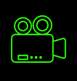 Green outline of a film camera on a black background.