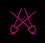 Two pink spotlights crossing on black background, with stars.