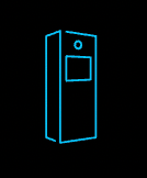 Blue outline of a photo booth with a screen and a camera, on a black background.