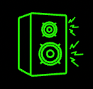 Green speaker emitting sound waves on a black background.