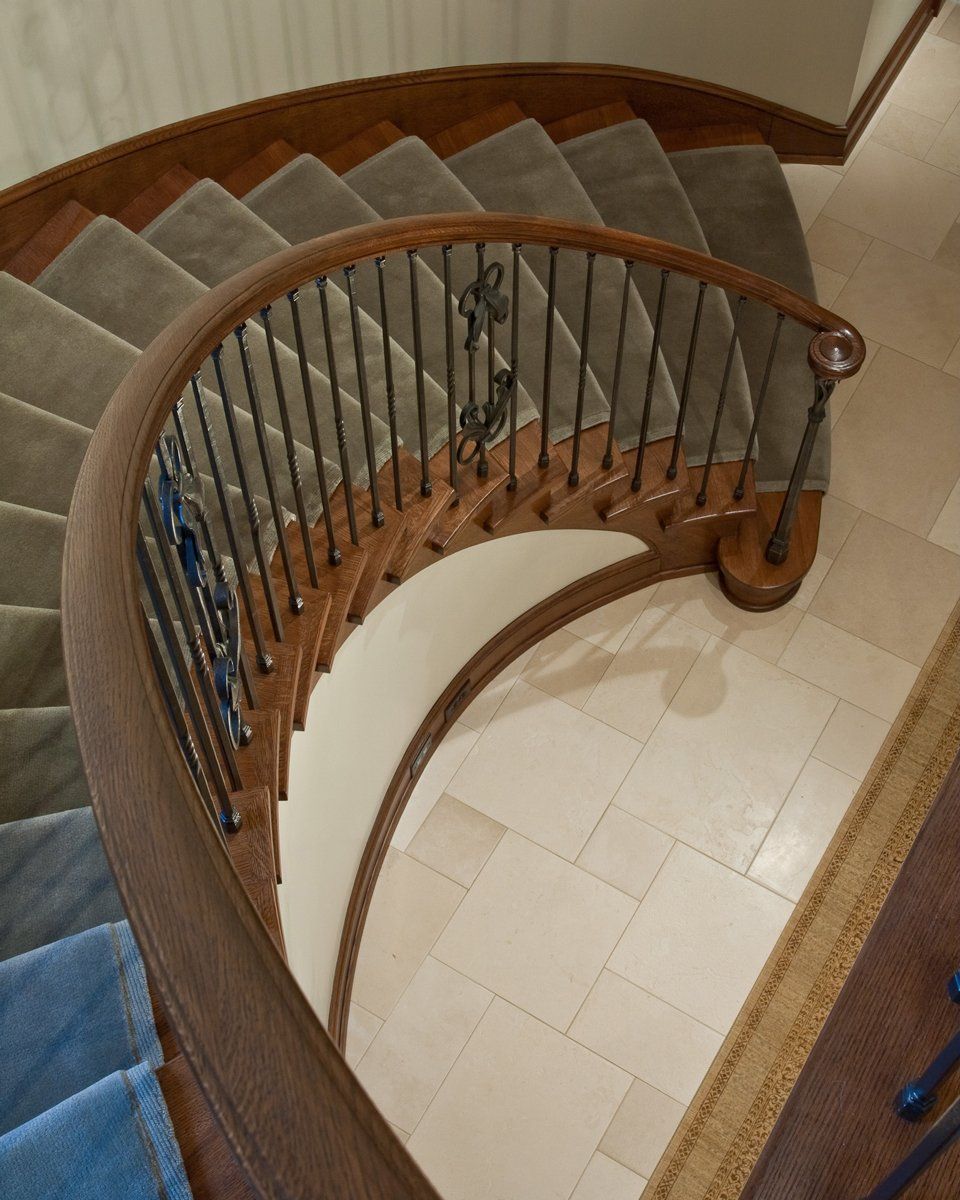 Curved forged iron & wood step railing