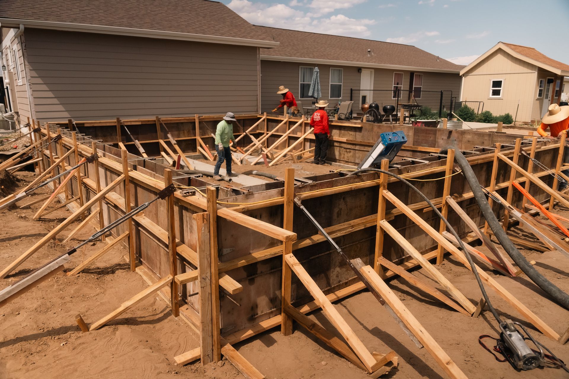 Construction of a rectangular concrete pool, workers, wooden forms, bracing, houses, sunny day.