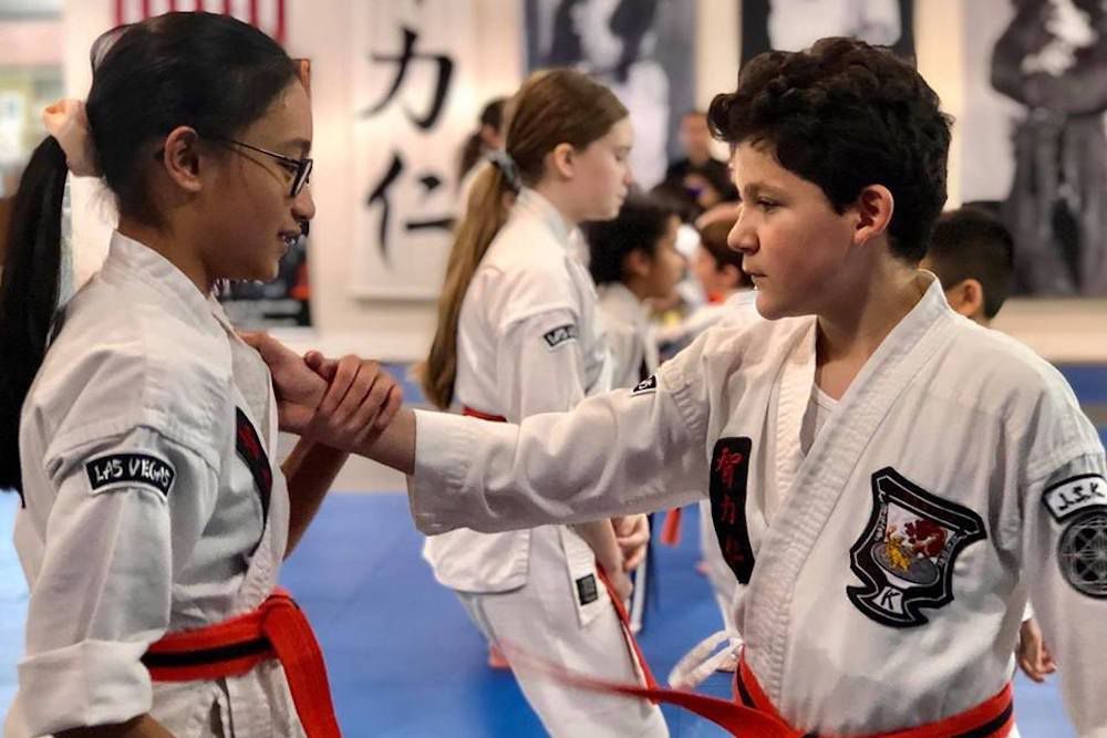 a boy and a girl are shaking hands in a karate class .
