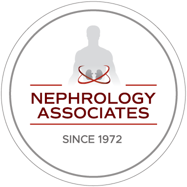 The logo for nephrology associates since 1972 has a silhouette of a person with kidneys.