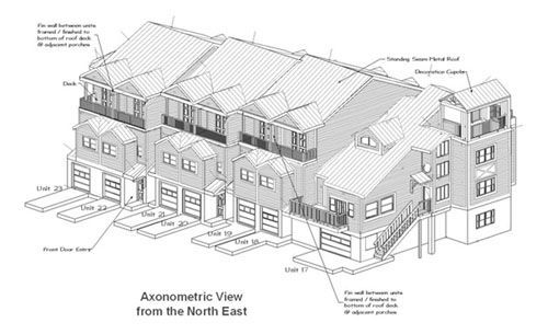 Axonometric view of townhouses from the northeast, with garage doors, balconies, and detailed roofing.