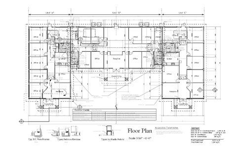 Architectural floor plan of a multi-unit building with labeled rooms, doors, and measurements.