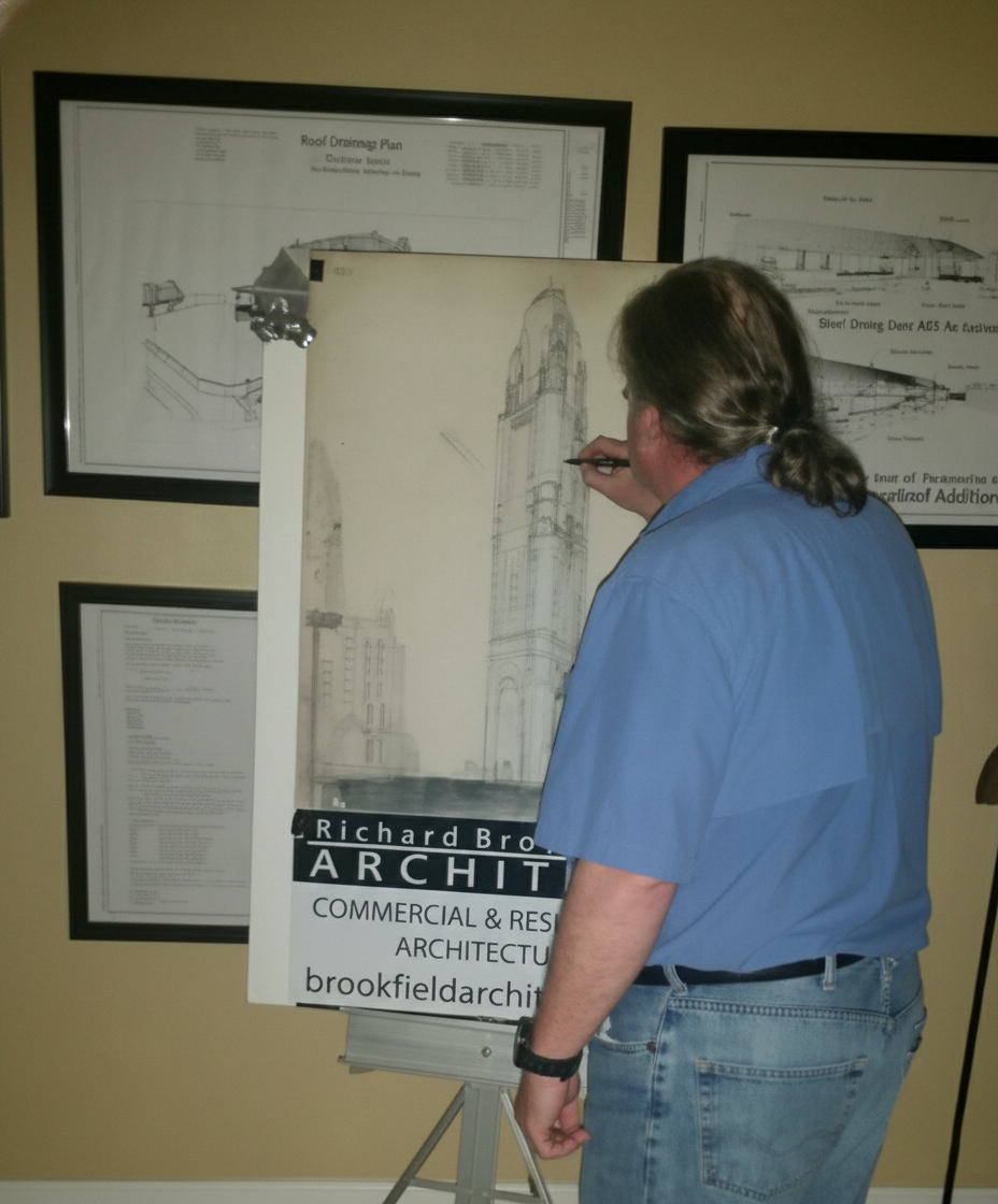 Man drawing architectural plans on an easel; framed blueprints on the wall; indoors.