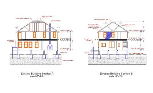 Architectural drawings: two cross-sections of a building showing elevations, foundation, and roof structures.