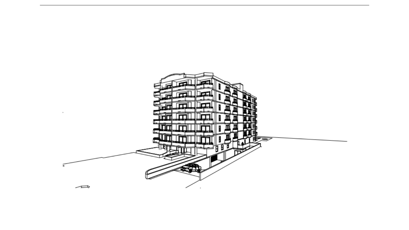 Perspective drawing of a two-story modern house with a curved facade, palm trees, and a fence.