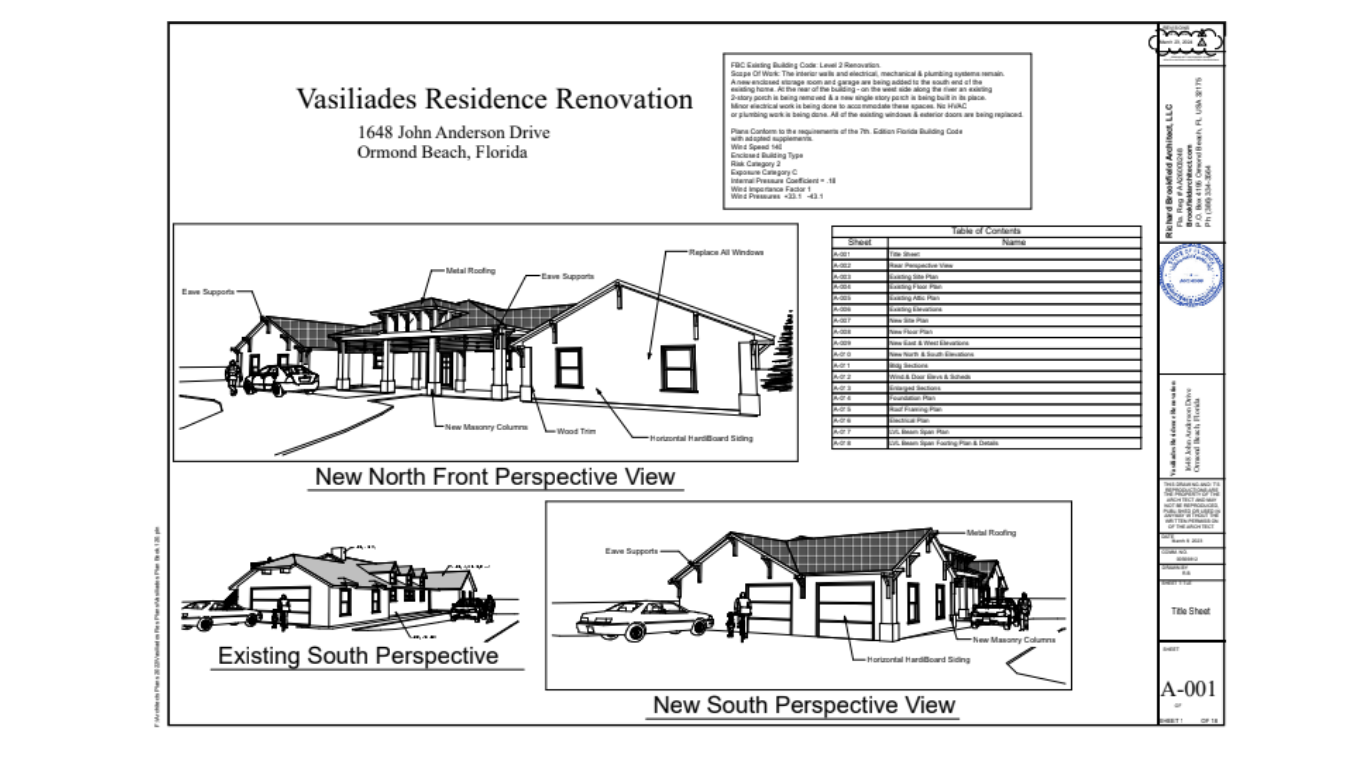 Architectural cross-section of a dining room with sloped roof. People stand near tables, a service area visible on the left.