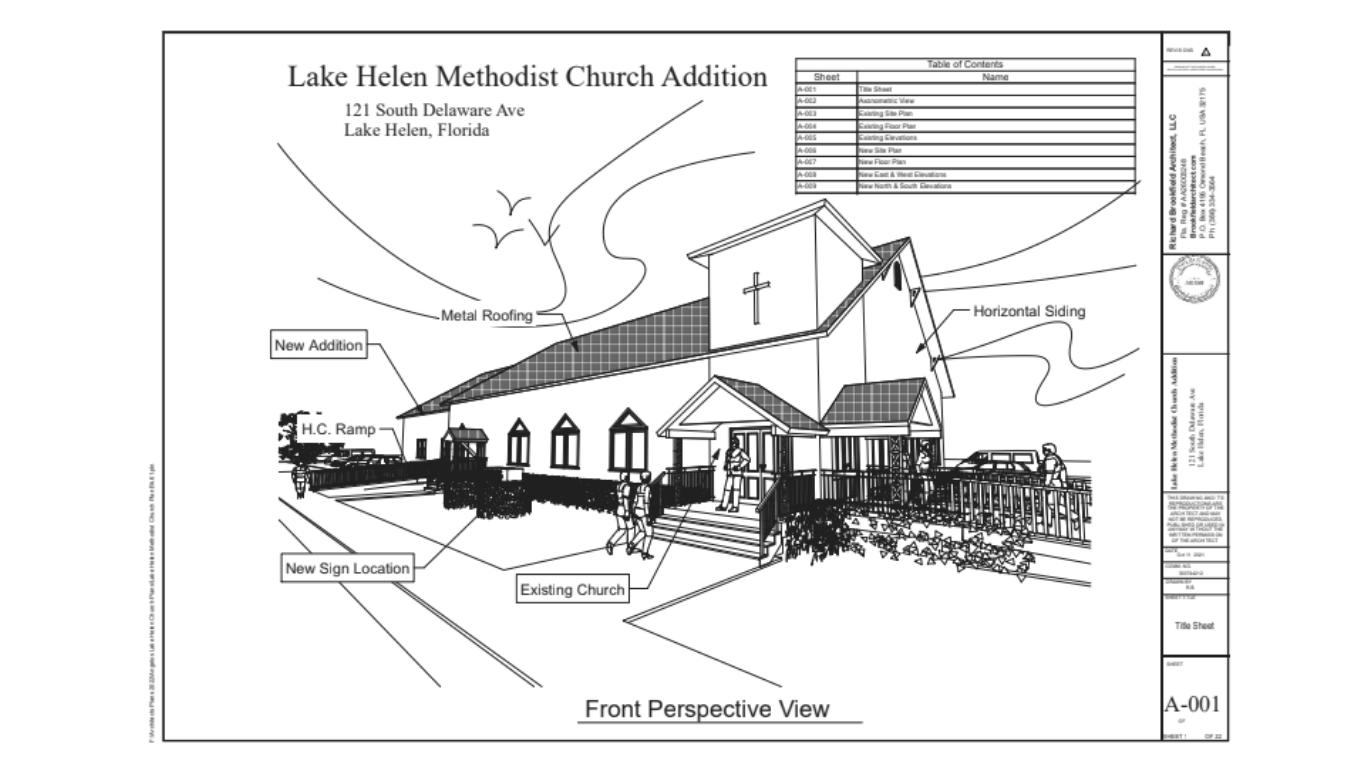 Architectural cross-section of a dining room with sloped roof. People stand near tables, a service area visible on the left.