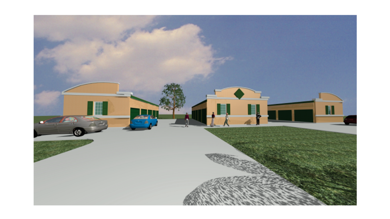 Architectural cross-section of a dining room with sloped roof. People stand near tables, a service area visible on the left.