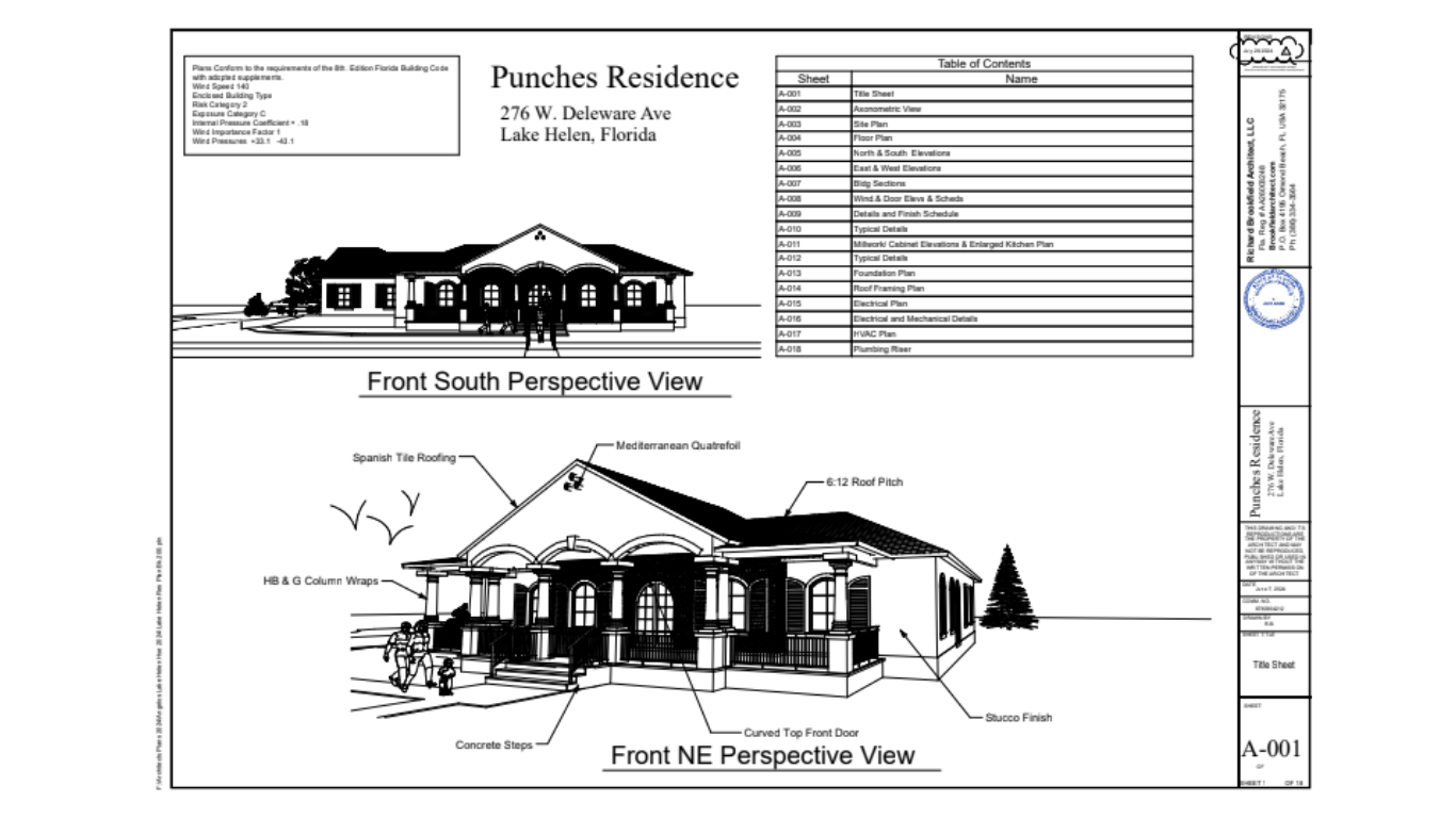 Perspective drawing of a two-story modern house with a curved facade, palm trees, and a fence.