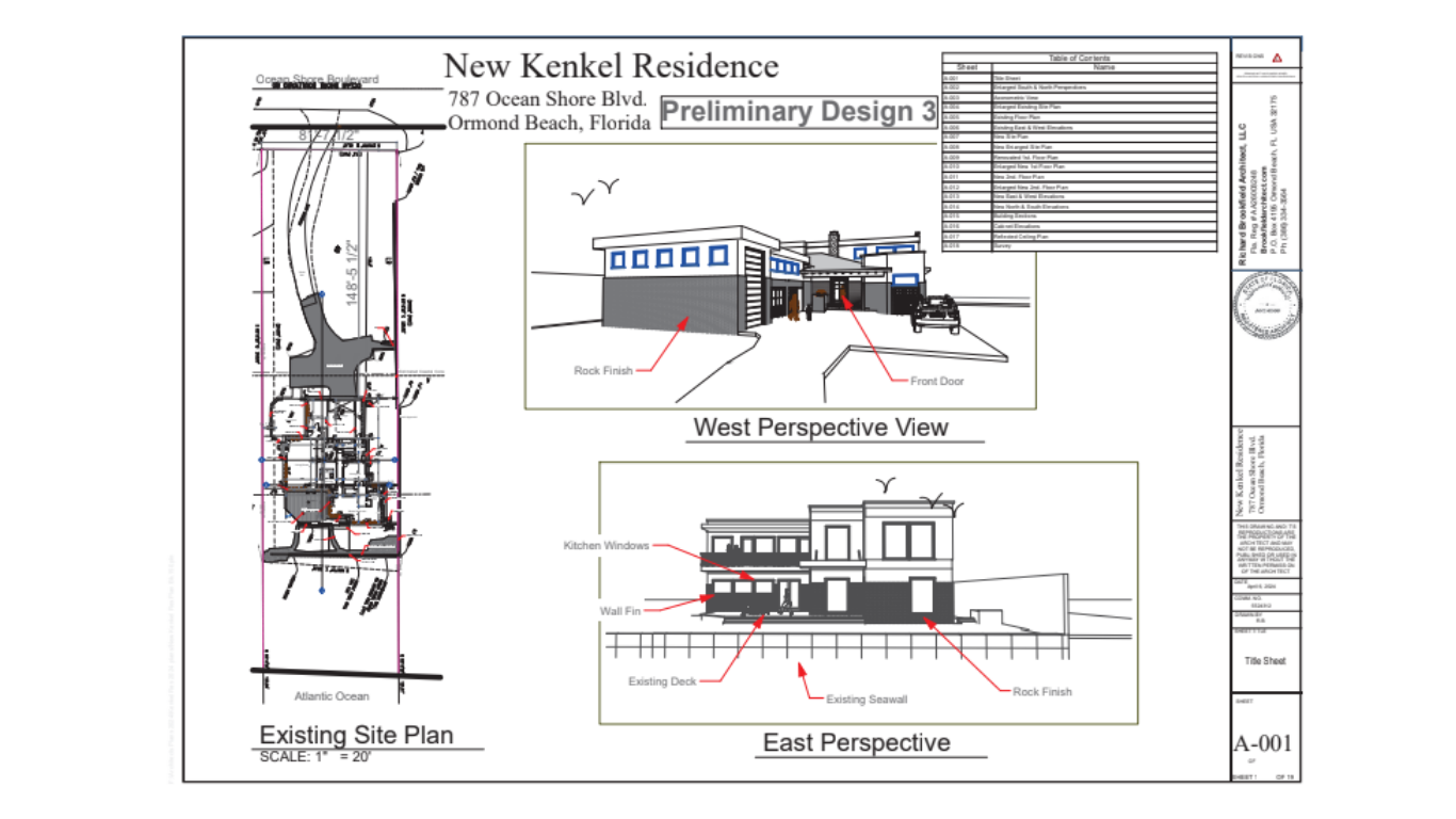 Perspective drawing of a two-story modern house with a curved facade, palm trees, and a fence.