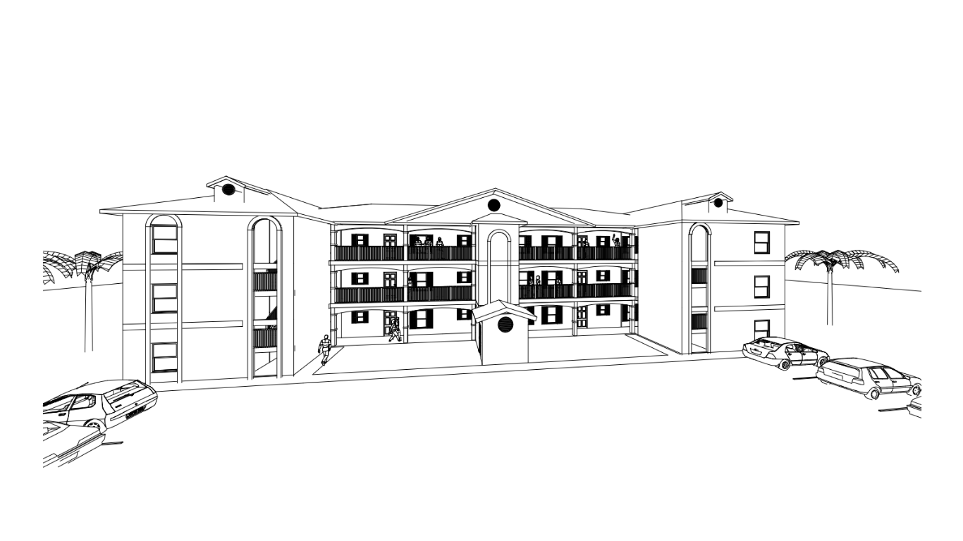 Perspective drawing of a two-story modern house with a curved facade, palm trees, and a fence.
