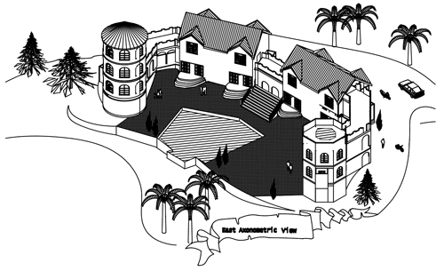 Isometric drawing of a large mansion with towers, a swimming pool, and a circular driveway.