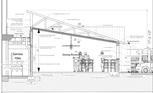 Architectural cross-section of a dining room with sloped roof. People stand near tables, a service area visible on the left.
