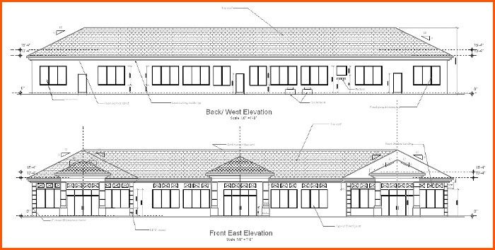 Architectural drawings of a single-story building; side and front elevations, showing windows, doors, and roof details.