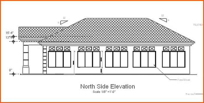 Architectural drawing: North side elevation of a one-story building with a tiled roof and multiple windows.