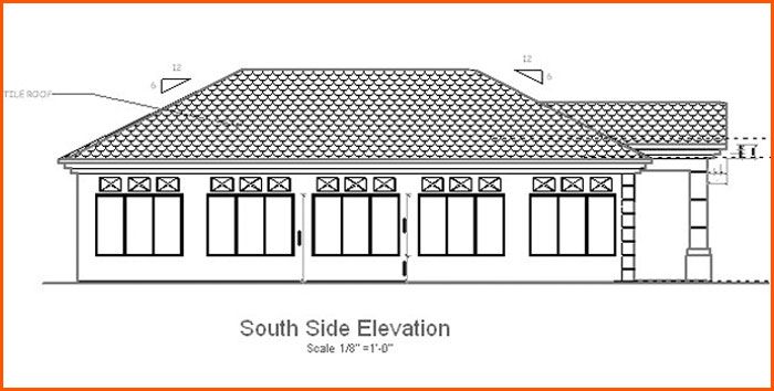 Architectural drawing of a house's south side elevation, showing windows, roof details, and scale.