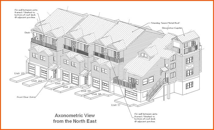 Axonometric view of multi-unit townhouse from northeast; includes garage doors, balconies, and steep roofs.