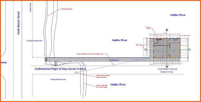 Top-down map of a pier extending into the Halifax River, with a building at the end.