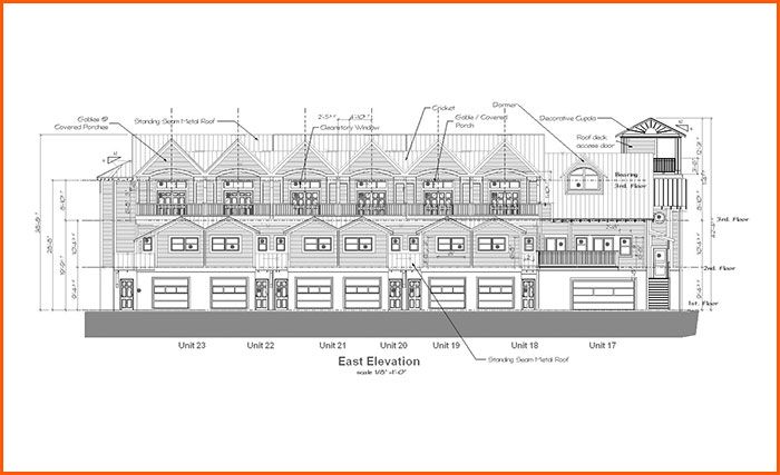 Architectural drawing of a multi-unit building with garages, balconies, and detailed roof designs.